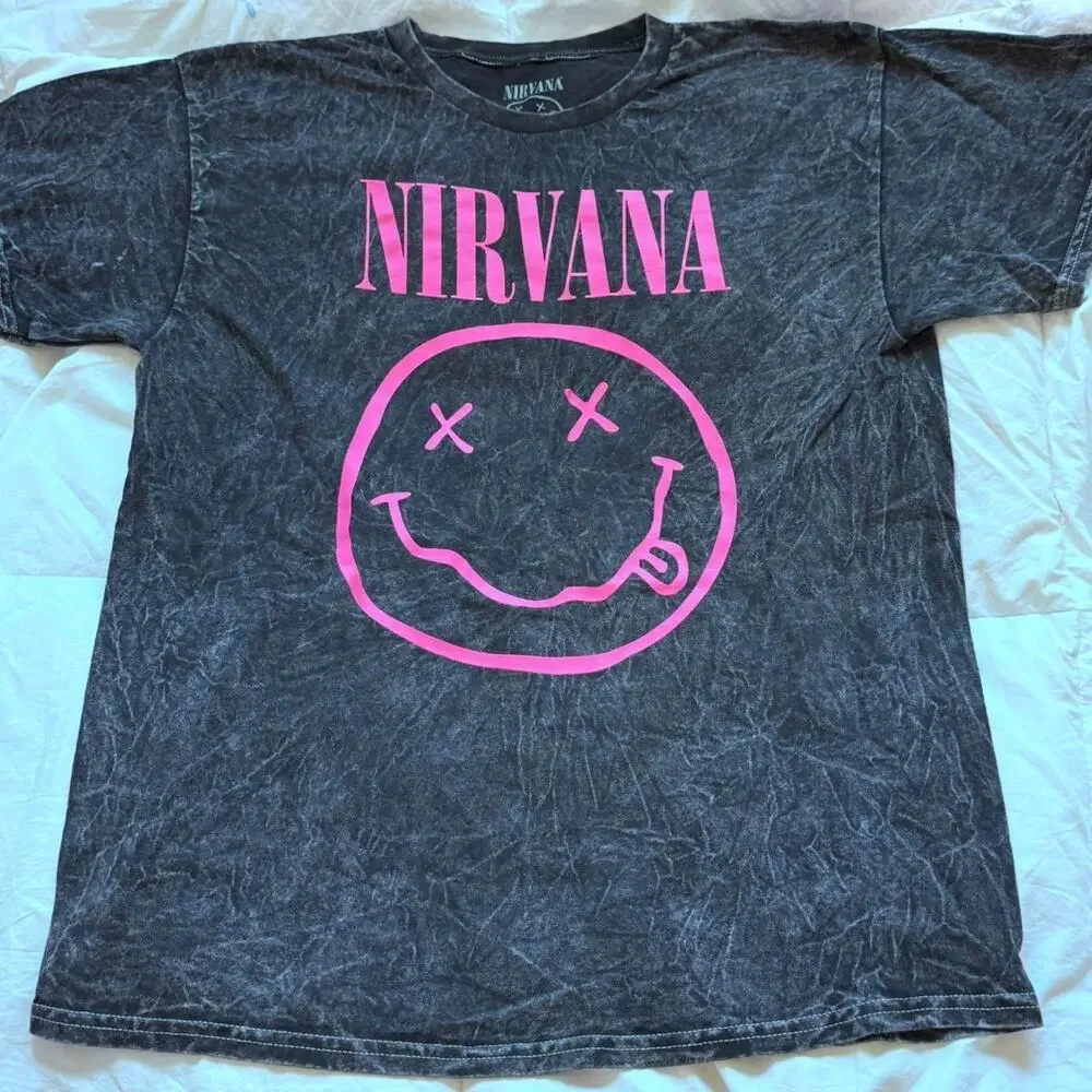 Nirvana smiley graphic band tee L cotton casual emo gunge skater black pink - Picture 3 of 8